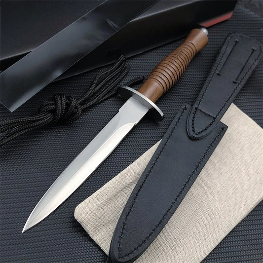 Outdoor Straight Knife N690 Blade Rosewood Handle with Black Cowhide Sheath Durable Multitool Fixed Blade Knife Gifts for Men