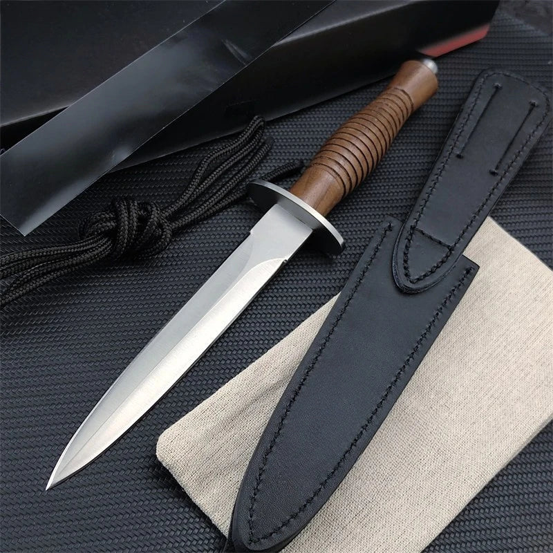 Outdoor Straight Knife N690 Blade Rosewood Handle with Black Cowhide Sheath Durable Multitool Fixed Blade Knife Gifts for Men