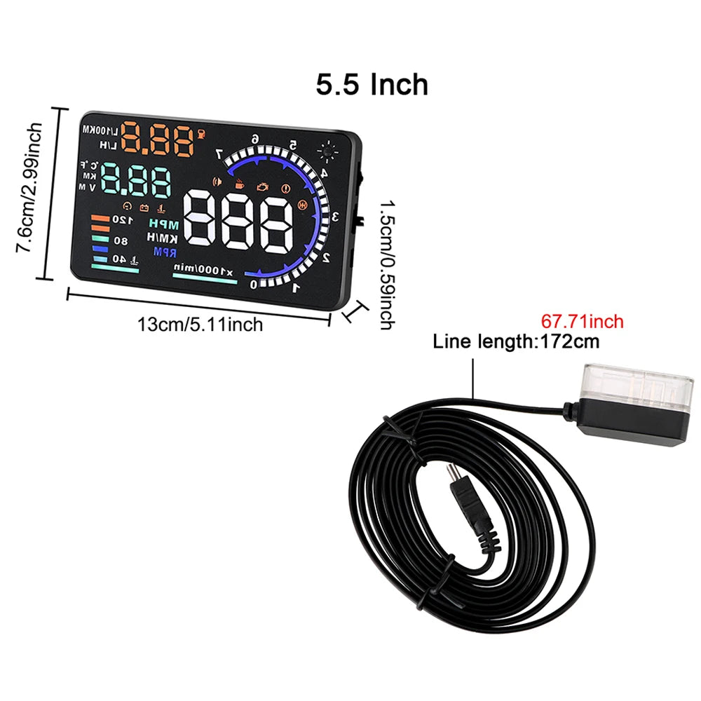 OBD2 HUD Car Head Up Display Voltage Alarm LED Windshield Projector 4" X6 Data Diagnostic Tool Speed Fuel Warning 5.5" A8