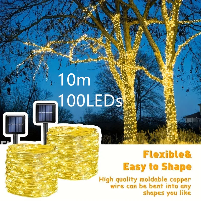 8-Mode Solar Powered Copper Wire Fairy Lights 100Led 10m Outdoor Garden Decor Lighting Christmas Wedding Party Tree Lights