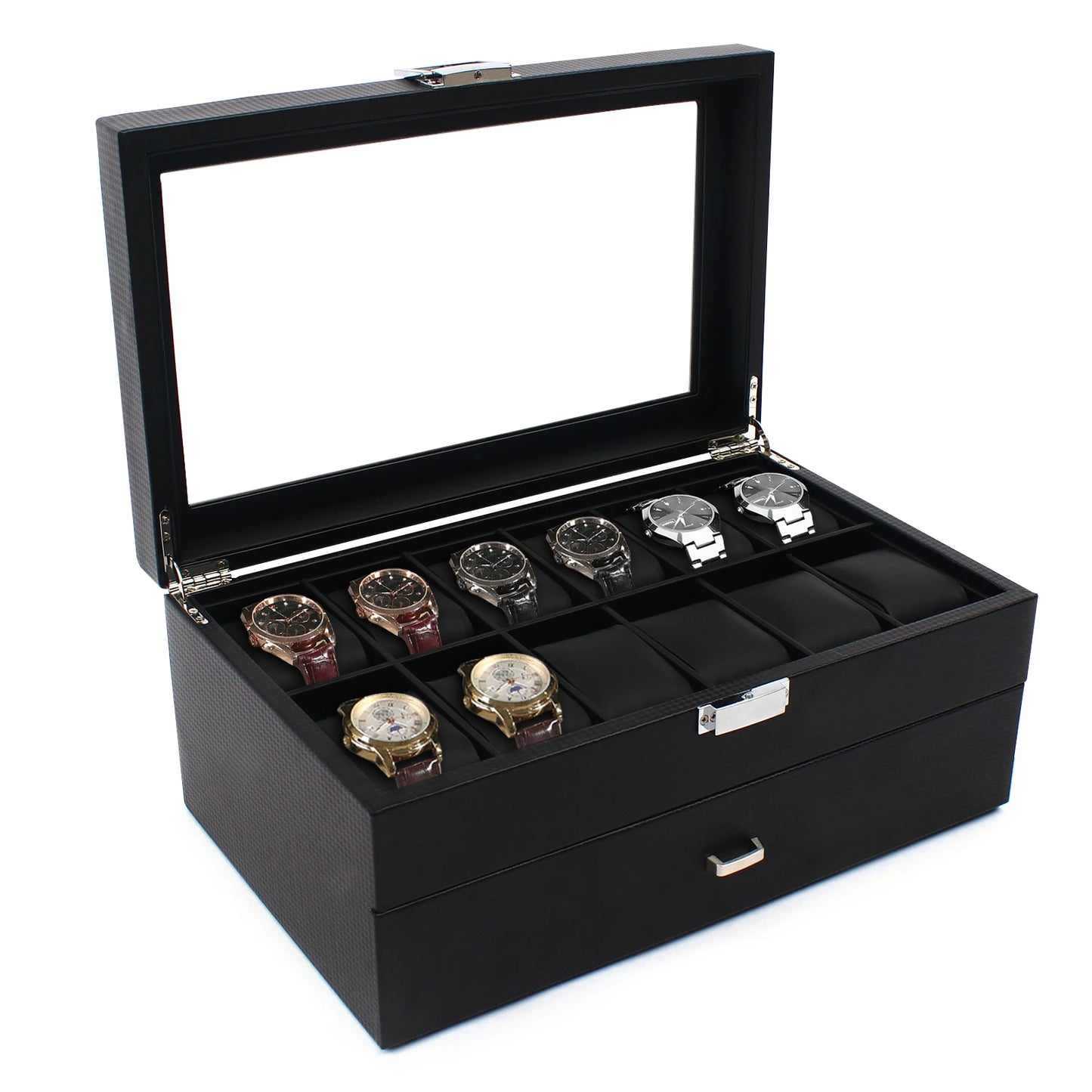 Watch Box 24 Mens Case Glass Top Black and Display Organizer Lockable