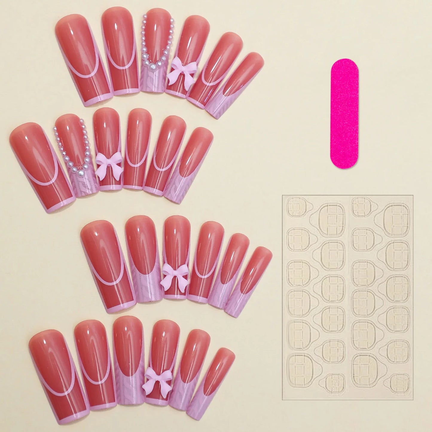 French Pink Press on Nails with Pearl Sweet & Charming Reusable False Nails for Shopping Traveling Dating