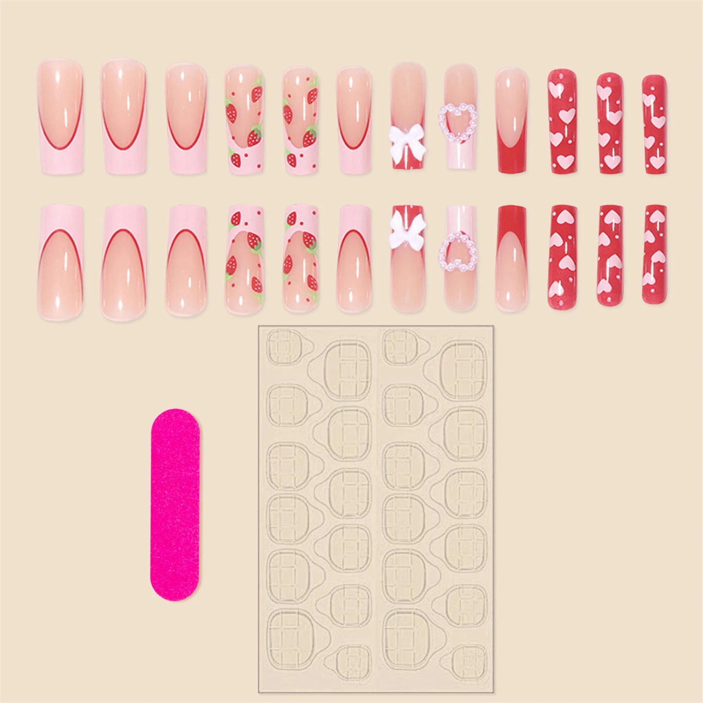 24 Pcs Press On Nails Pink Strawberry Fake Nails Glossy Artificial Finger Manicure Reusable False Nails For Women