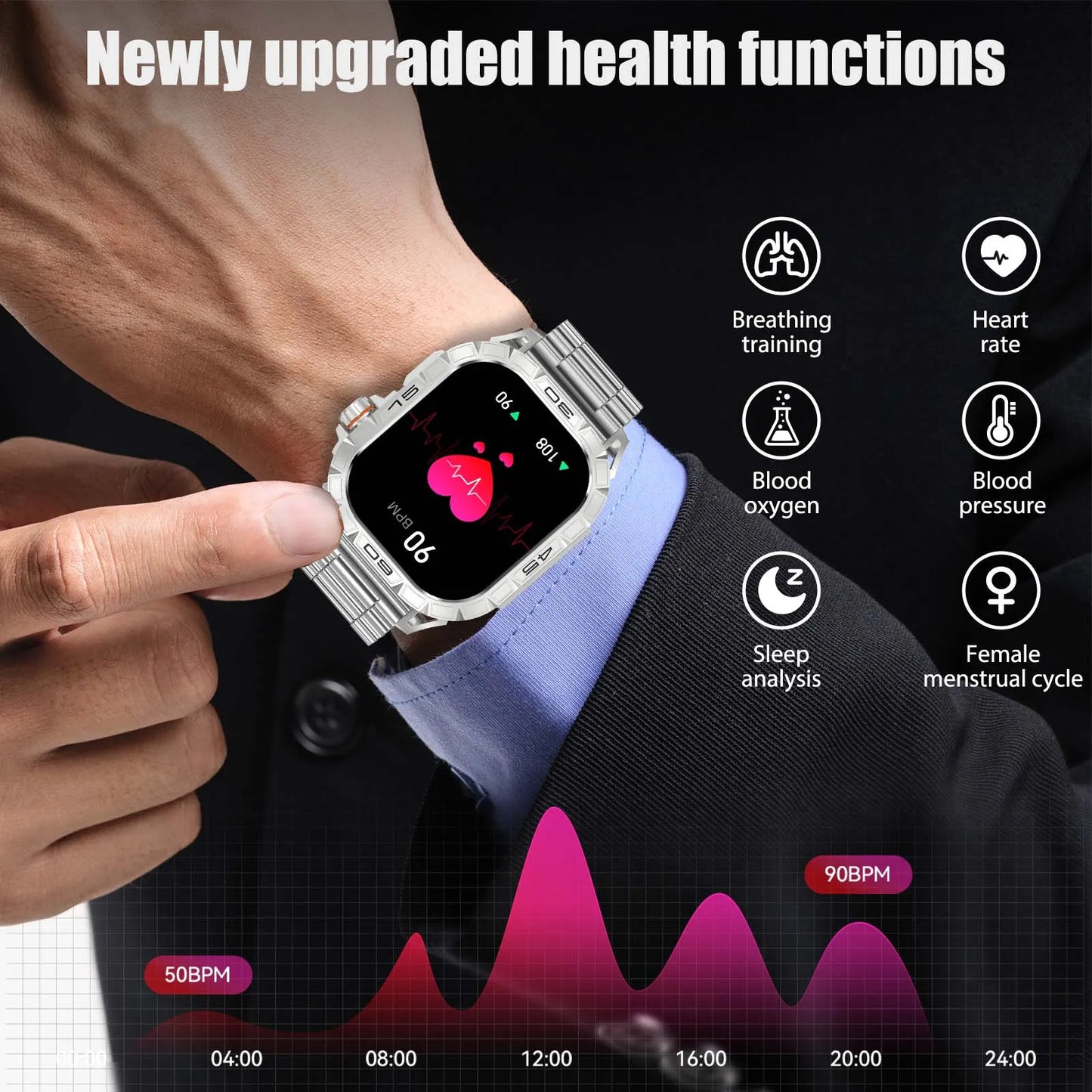 EIGIIS New Smart Watch ED Display 100+ Sport Mode With Compass IP68 Waterproof Bluetooth Call Heart Rate Blood Pressure Men K63