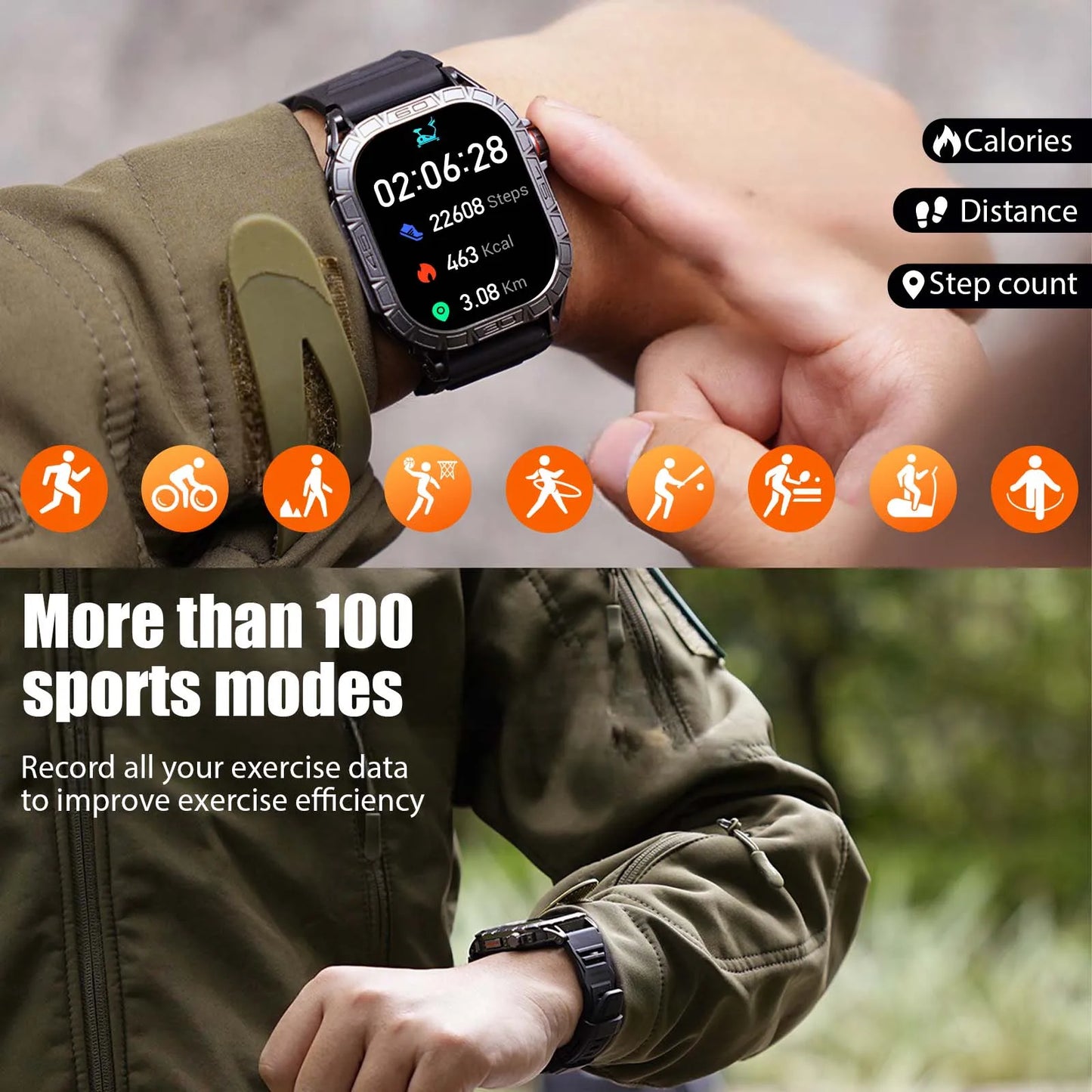 EIGIIS New Smart Watch ED Display 100+ Sport Mode With Compass IP68 Waterproof Bluetooth Call Heart Rate Blood Pressure Men K63