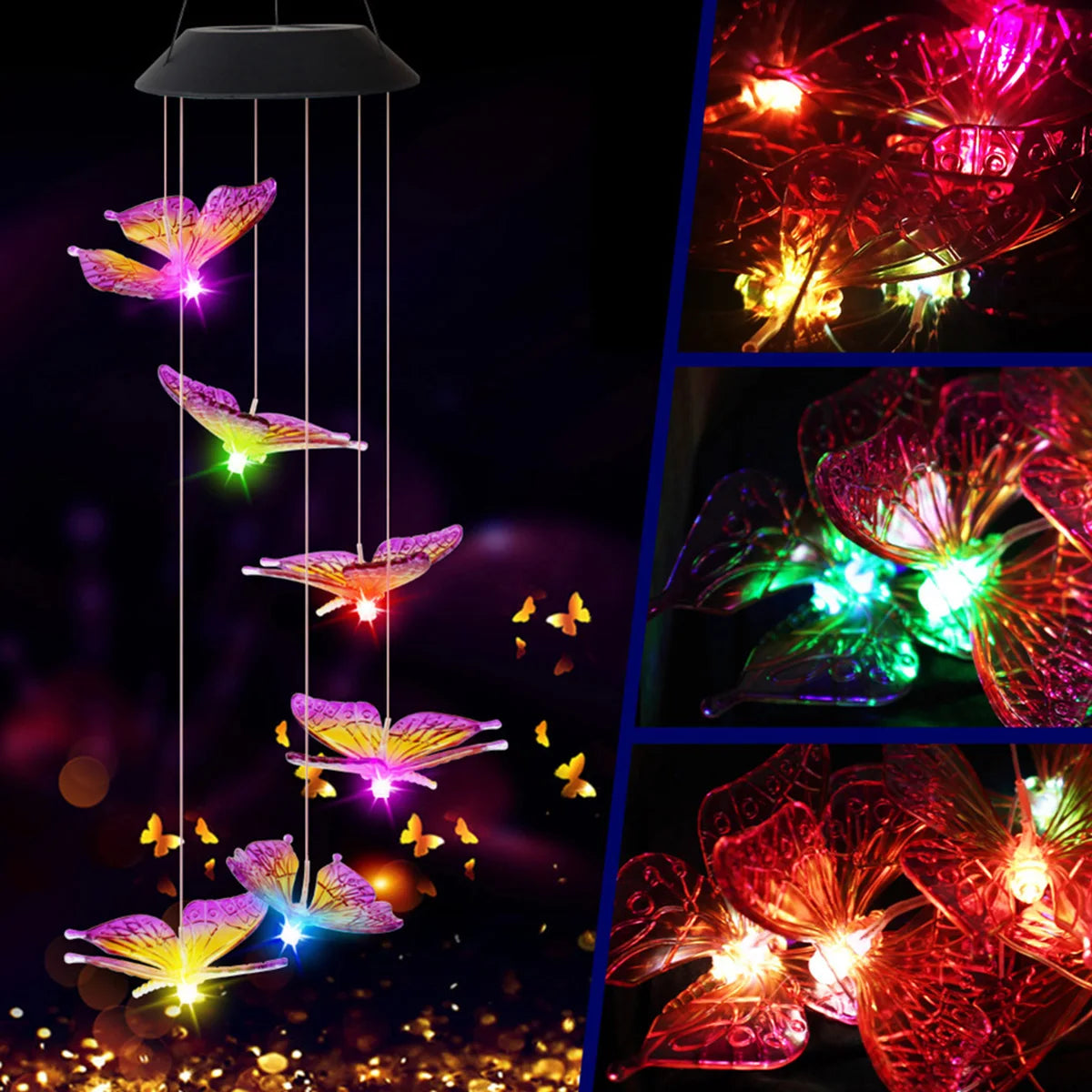 Solar Butterfly Wind Chimes, Color Changing Solar Butterfly Lights Waterproof Outdoor Garden Lights Hanging Wind Chime Lights