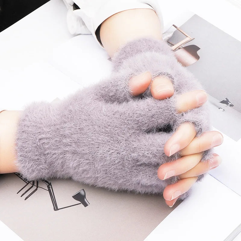 Plush Gloves Female Winter Warm Open-Fingered Flip Gloves Outdoor Gloves Thickened Cold Explosion-Proof Unisex