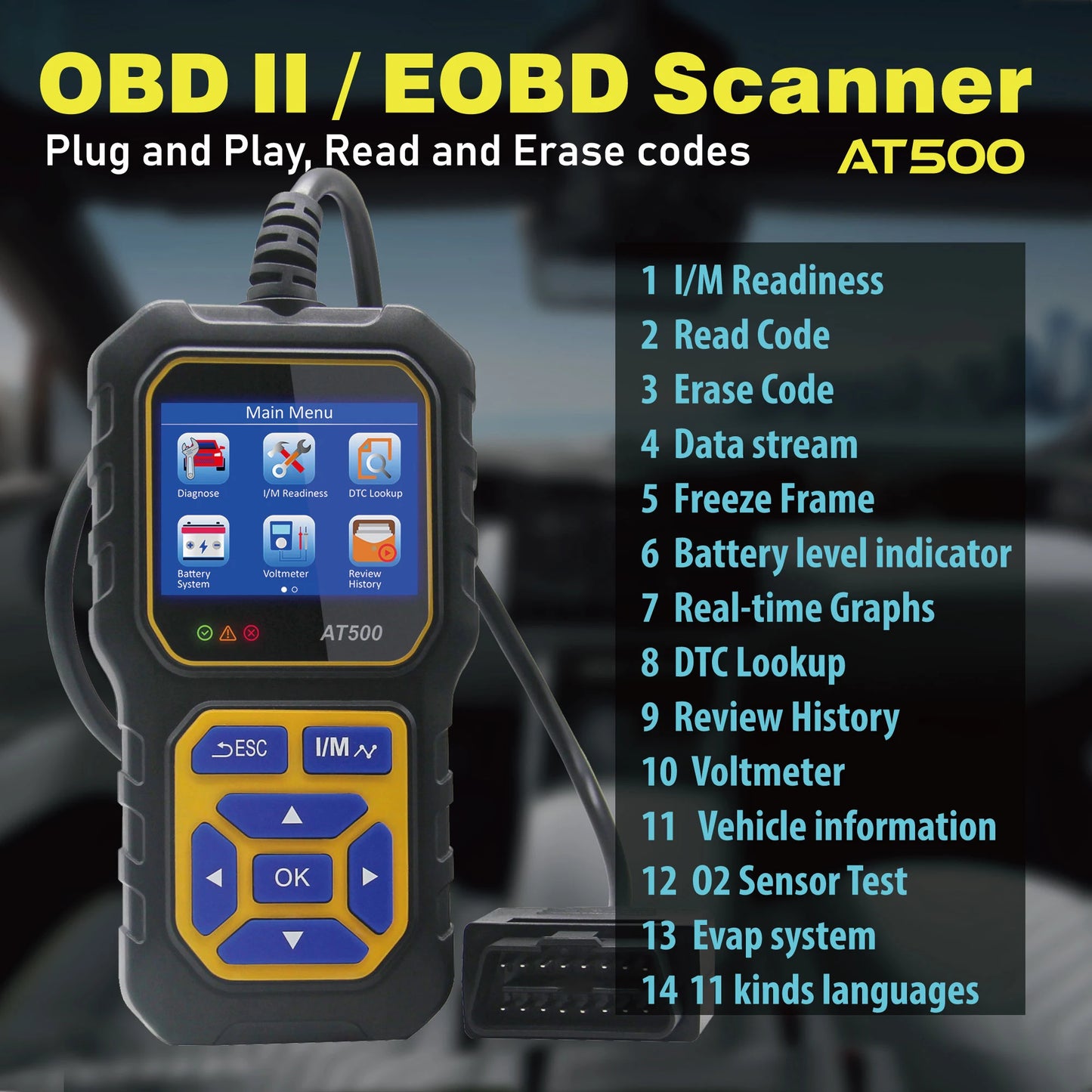 OBD2 Code Scanner Diagnostic Tool, OBDII Car Code Reader Check Engine Fault Code Scanner EOBD CAN Protocols for Cars Since 1996