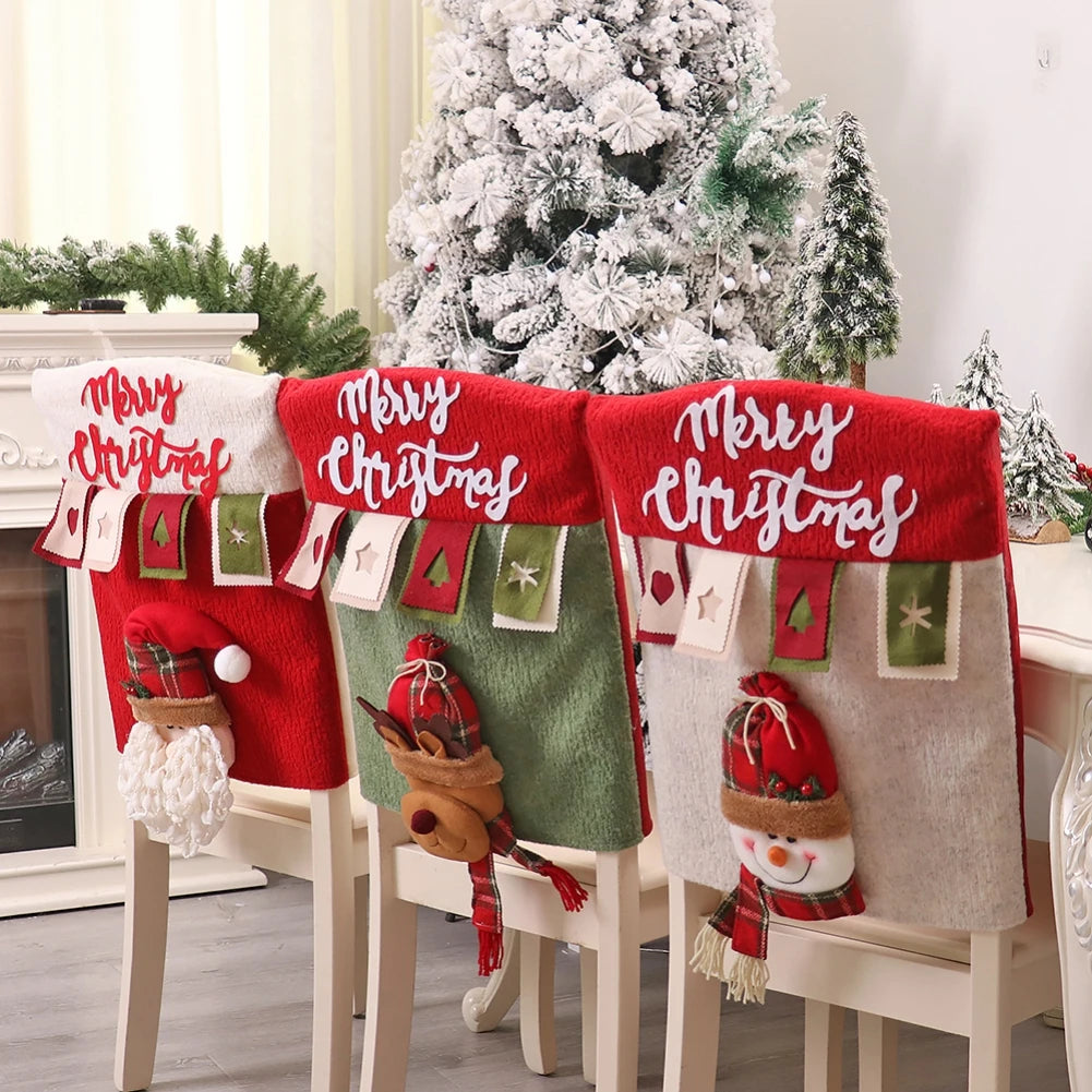 Reusable Christmas Chair Cover 3D Santa Claus Elk Chair Seat Cover Home Xmas New Year Supplies Christmas Decoration