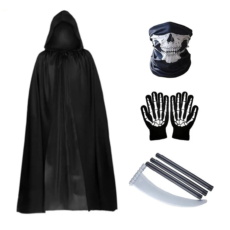 Halloween Props Scythe Party Adult Grim Reaper Black Cape Cloak COS Skull Mask Glow-in-the-dark Gloves Party Dress Up Props