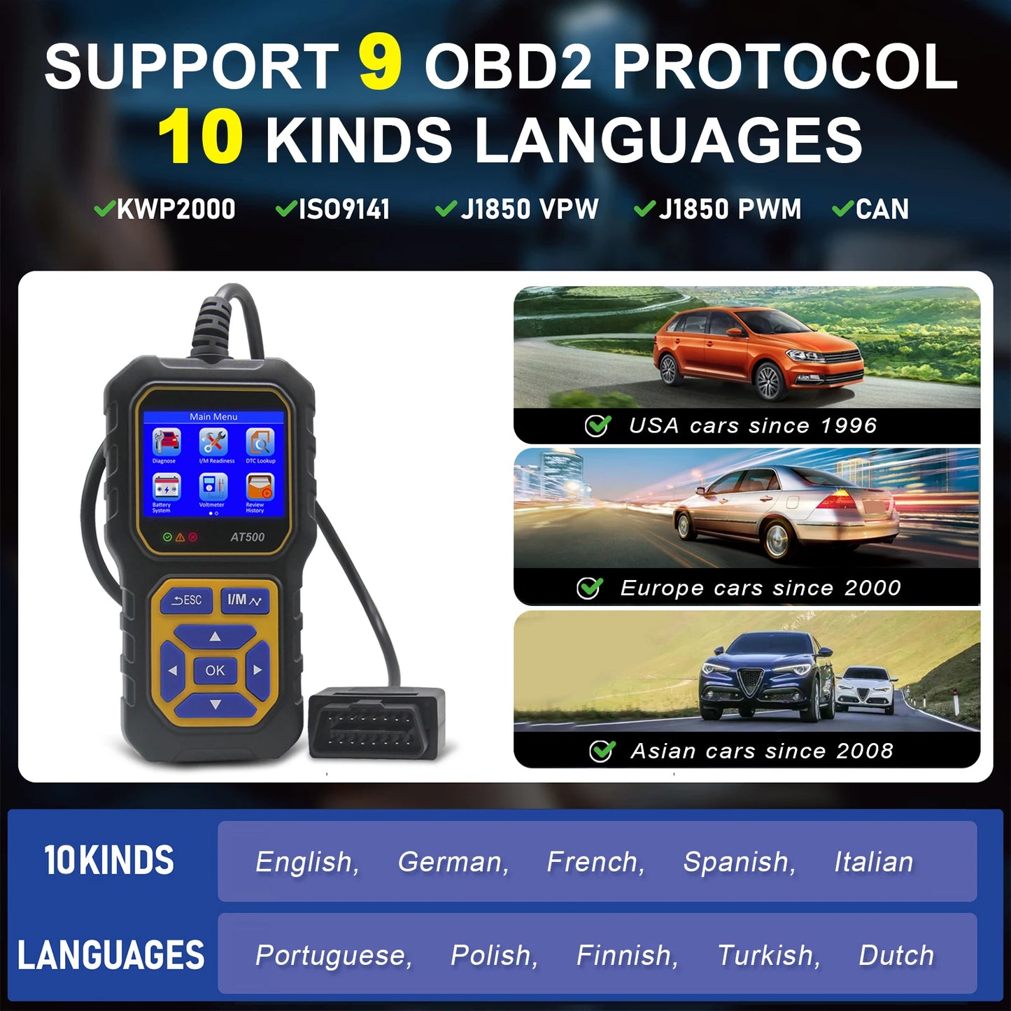 OBD2 Code Scanner Diagnostic Tool, OBDII Car Code Reader Check Engine Fault Code Scanner EOBD CAN Protocols for Cars Since 1996