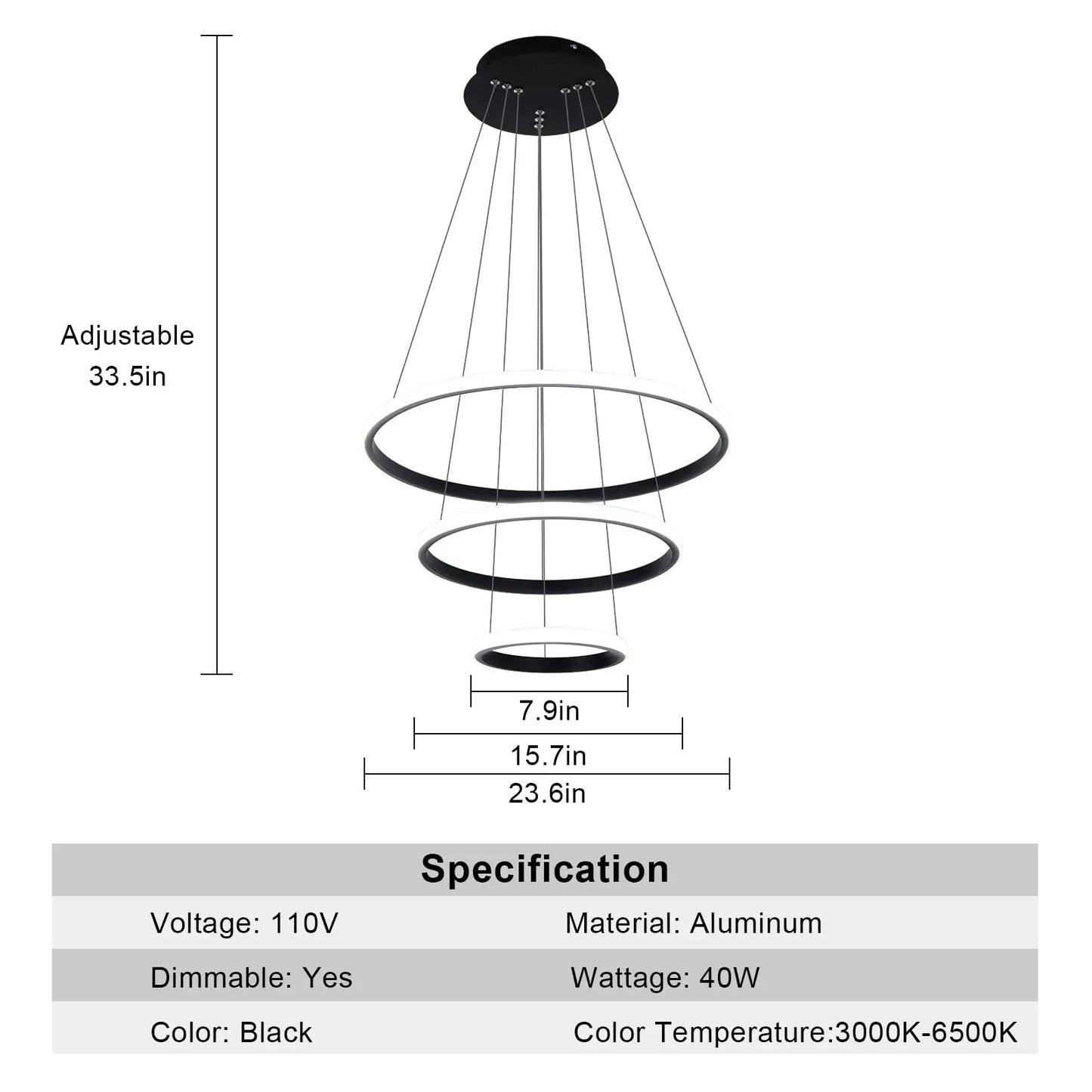 Dimmable Modern LED Chandelier,3 Rings Black Pendant Light with Remote,3000K-6500K Adjustable,40W Ceiling Light for Bedroom