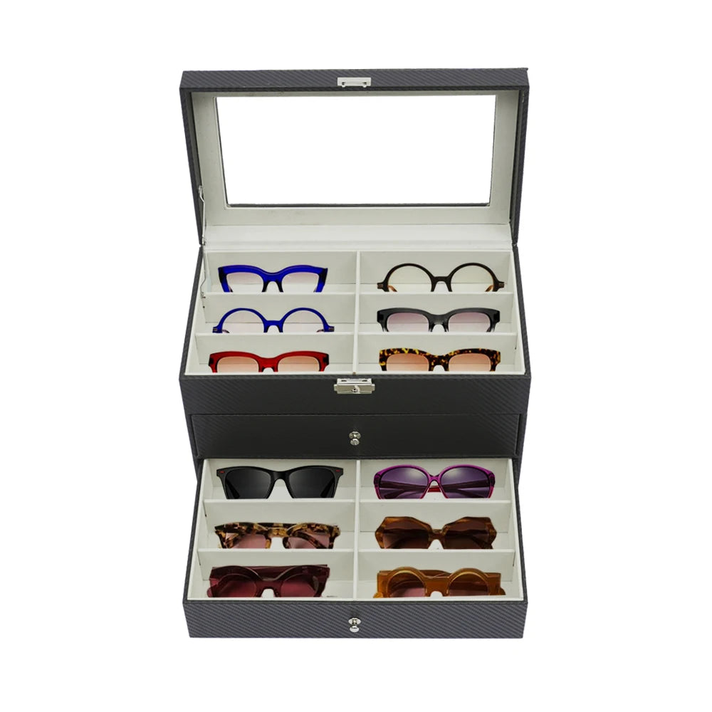 18-Grid Carbon Fiber Eyeglass Case Modern Style Sunglasses Storage Box Glasses Storage Box Three Layers Space-Saving