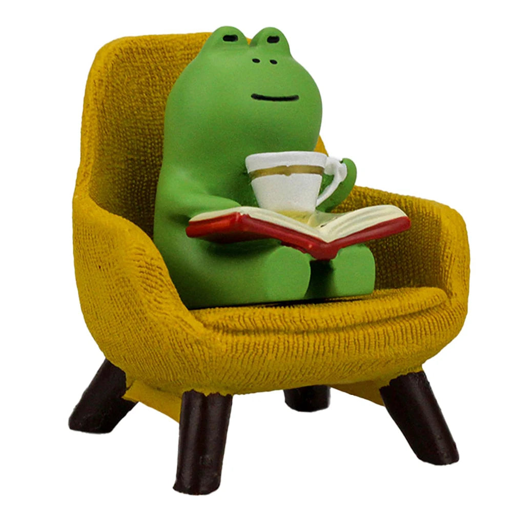 Frog Drinking Coffee Ornament Creative Cartoon Frog Animal Statue Miniature Frog Read Book Figurines for Shelf Desk Decoration