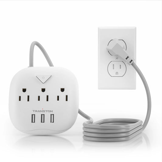 Power socket with switch, 3 sockets, 3 USB Ports, 5ft Extension Cord, Quick Charge, Fire Resistant, For Home and Office, White