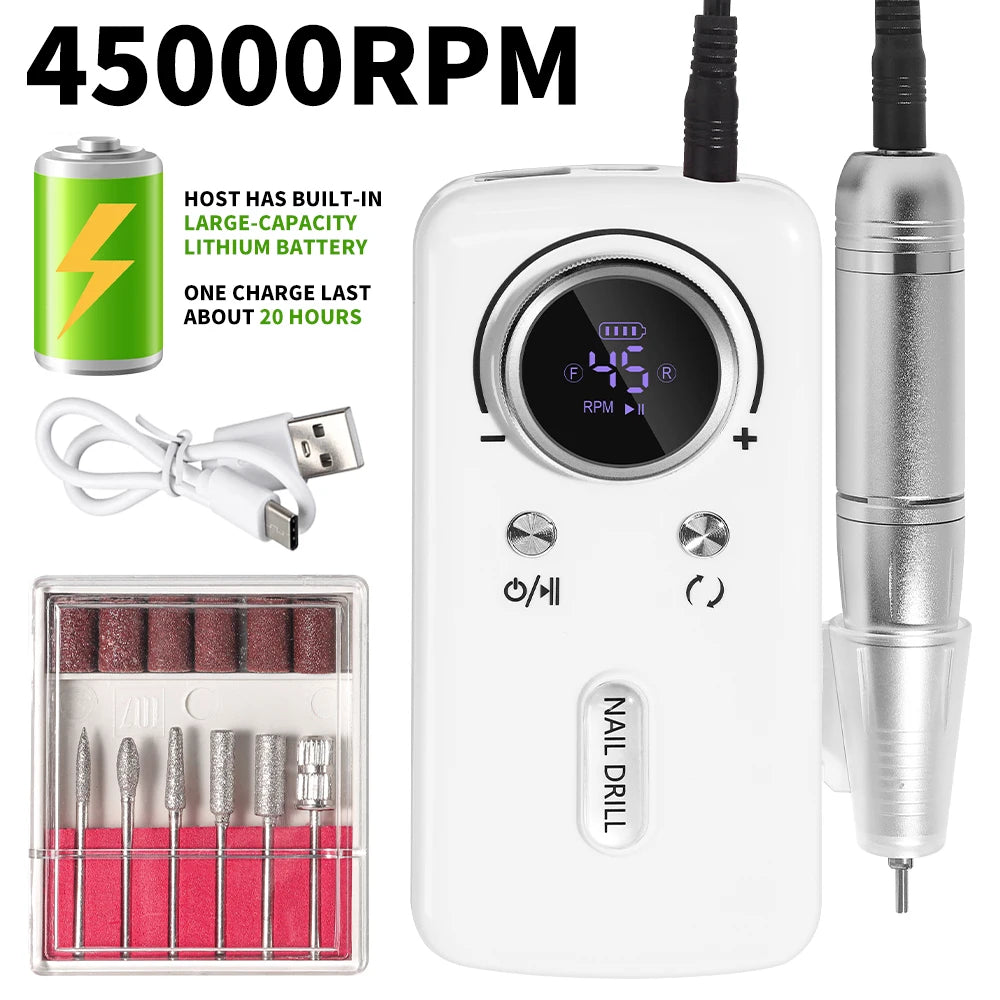 45000RPM Nail Drill Machine Electric Portable Nail File Rechargeable Nail Sander for Gel Nails Polishing For Home Manicure Salon