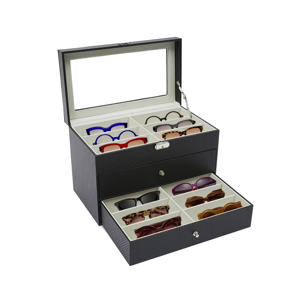 18-Grid Carbon Fiber Eyeglass Case Modern Style Sunglasses Storage Box Glasses Storage Box Three Layers Space-Saving