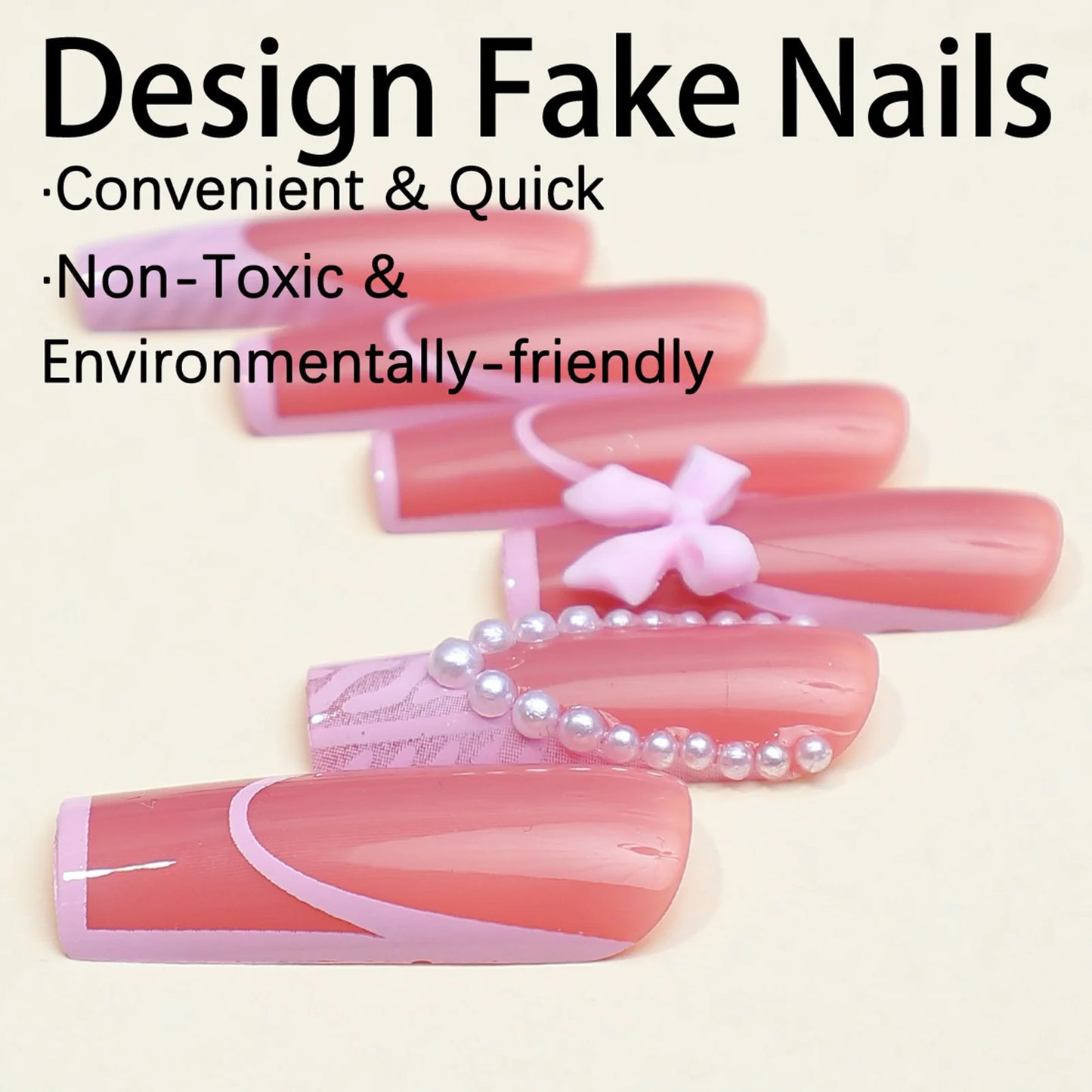 French Pink Press on Nails with Pearl Sweet & Charming Reusable False Nails for Shopping Traveling Dating