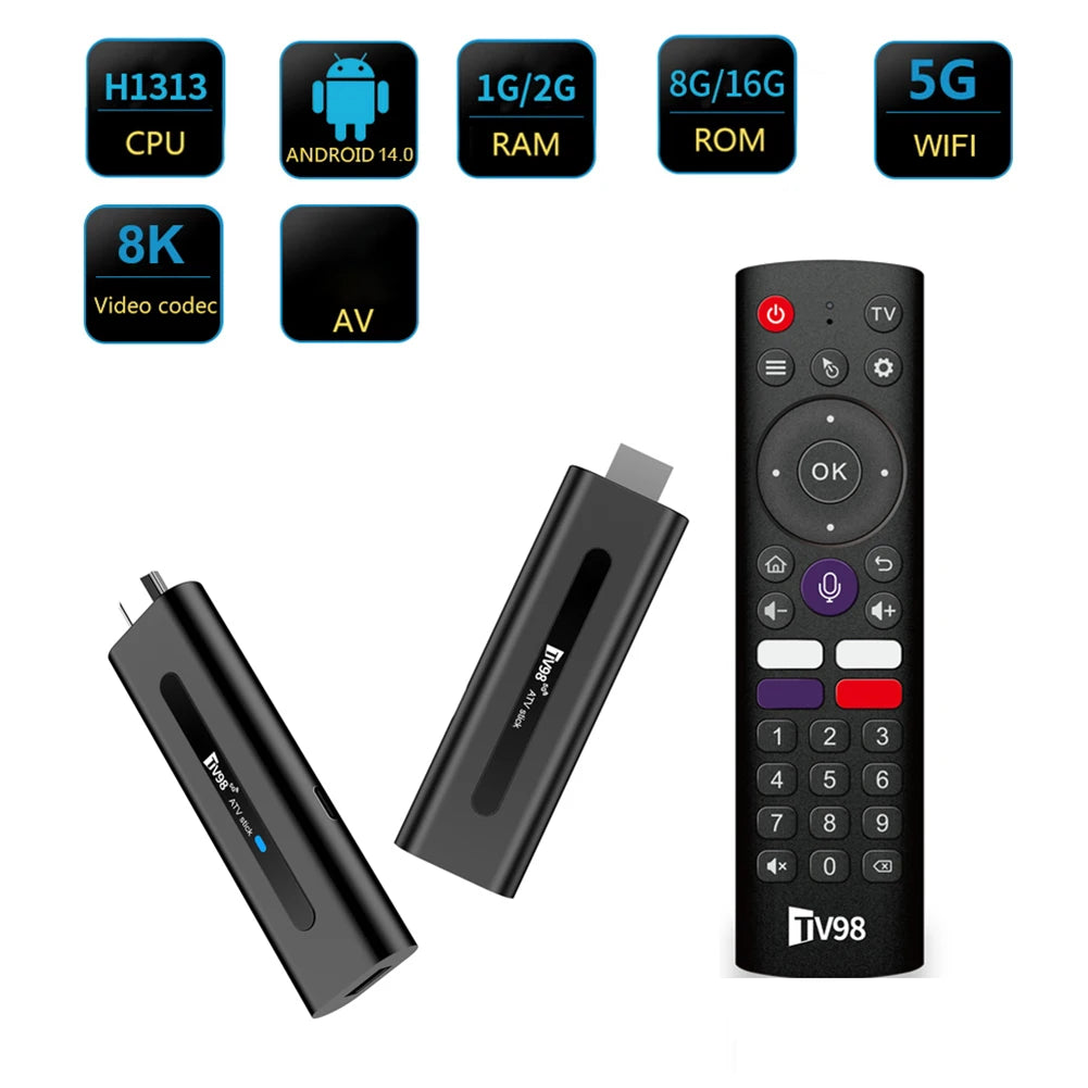 TV98 ATV H313 Mini TV Stick 8K 2.4G/5G WiFi Quad Core BT5.0 Android TV Stick 14.0 Smart TV Box for Network Media Player