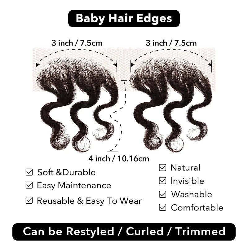 4inch Lace Edges Baby Hair 2pcs Human Hair Edges For Women Swiss Lace Curly Edges Baby Hair Strips Hairline Natural Black Color