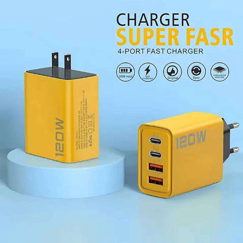 USB Charger Total 120W 4 Port Type C Fast Charging USB Phone Charger Adapter For iPhone Samsung Xiaomi Quick Charge Wall Charger