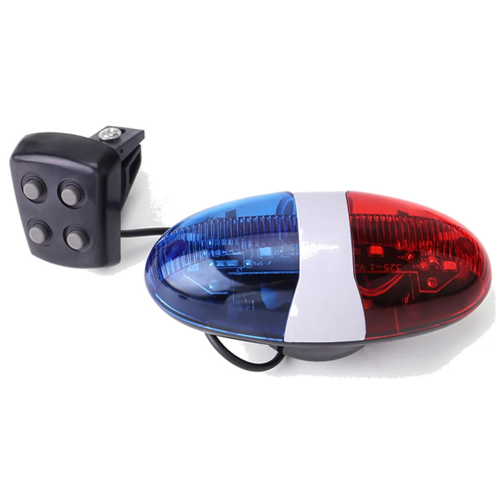 Bicycle Police Siren 4 Sounds Melody Bicycle Power Horn Siren Bell 6-LED Strobe Blue and Red Bicycle Safety Light for Kids Bike