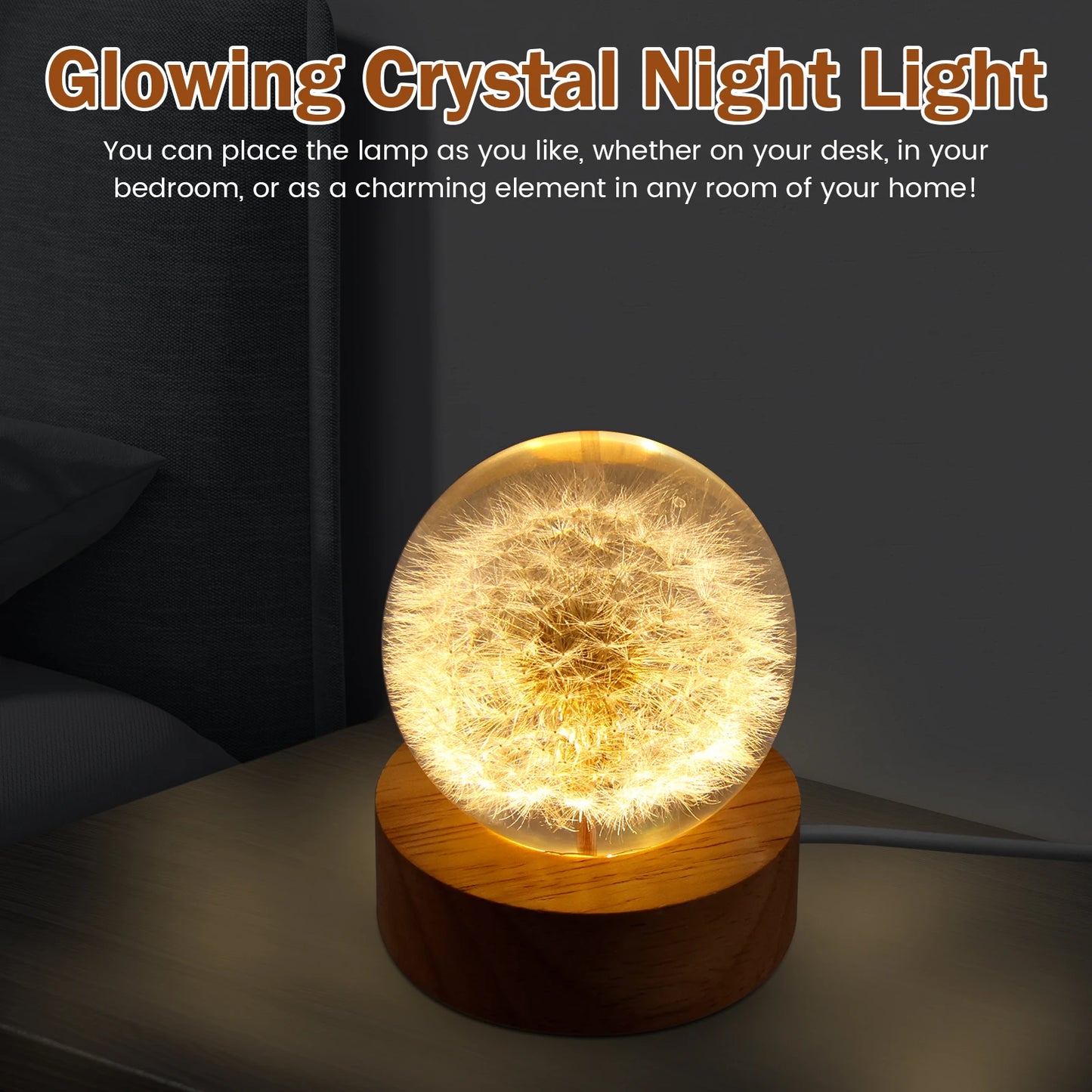 Dandelion Crystal Ball with Wooden Base USB Powered Dandelion Crystal Ball Night Lamp Fancy Crystal Ball for Home Decoration