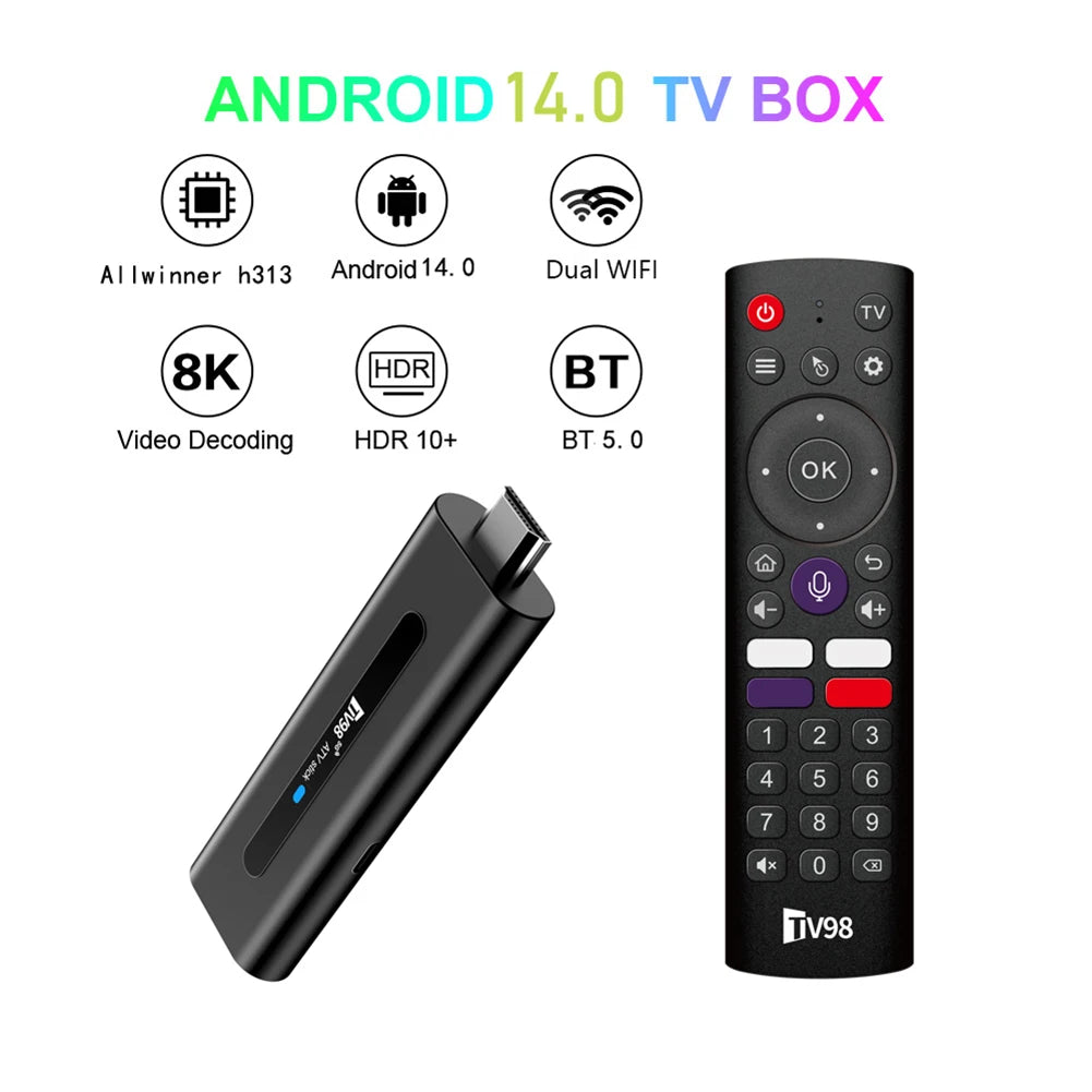 TV98 ATV H313 Mini TV Stick 8K 2.4G/5G WiFi Quad Core BT5.0 Android TV Stick 14.0 Smart TV Box for Network Media Player