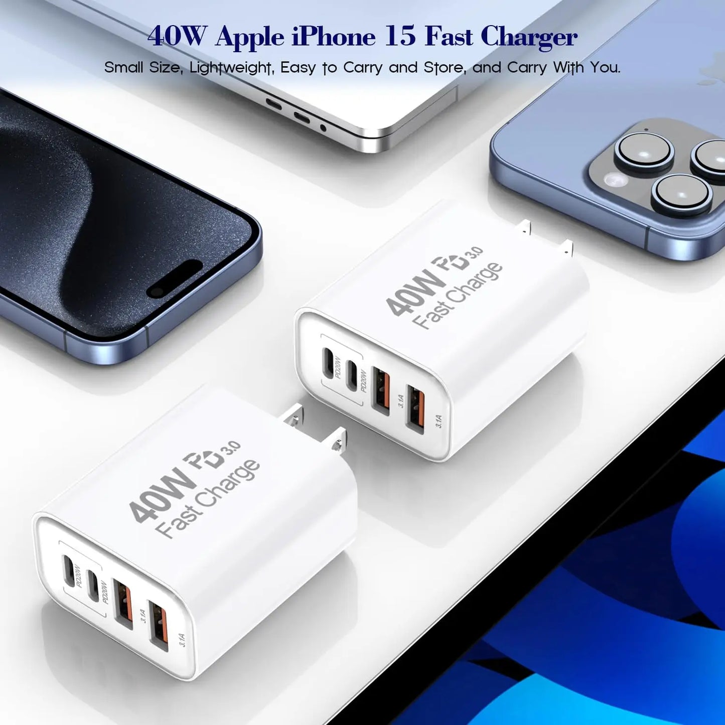 40W 4-Port Fast USB Wall Adapter PD+QC Wall Plug Multiport Block Cube for iPhone 16/16 Pro/15/14/13/12/11/Pro Max/XS/XR, iPad