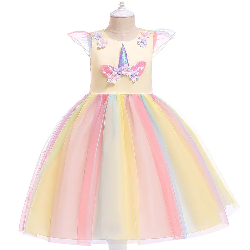 Girl Unicorn Cosplay Party Dress Rainbow Tutu Gown Kids Floral Summer Dresses Girls Birthday Tulle Clothes Children New Costumes