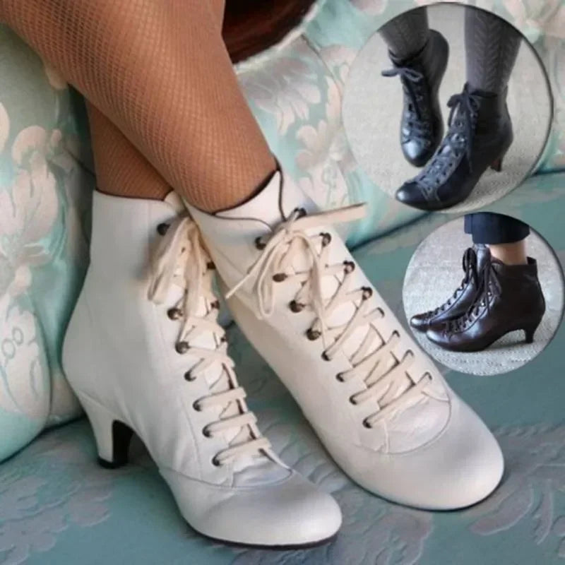 New Fashion Women Low Kitten Heel Ankle Boots Victorian Round Toe PU Leather Shoes Steampunk Lace Up Retro Jeans Boots