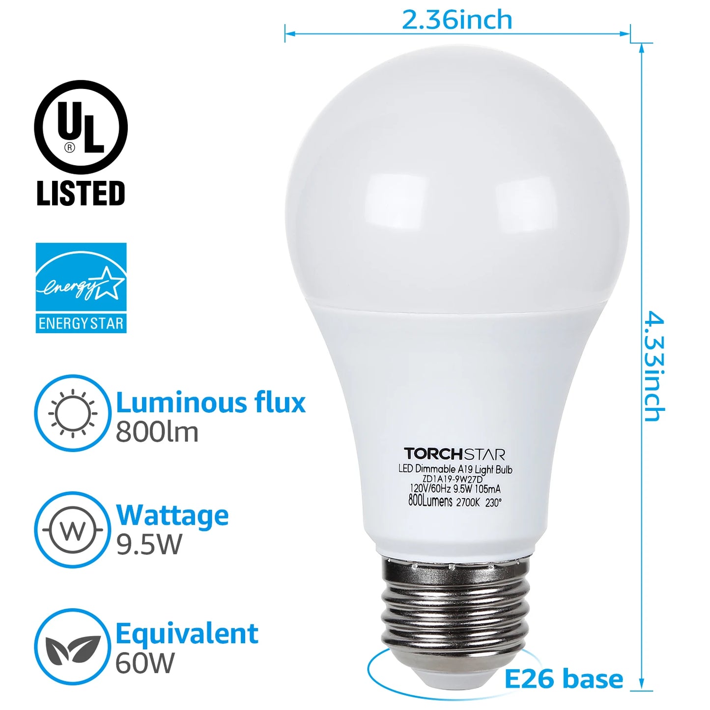 LED Dimmable A19 Light Bulb for Floor Lamp, Desk Lamp, Ceiling Fan, 9.5W(60W Eqv.), E26 Base Bulbs, 2700K Soft White