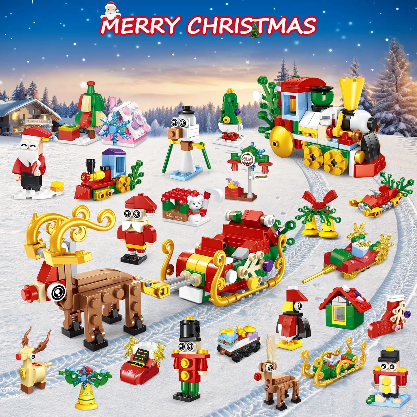 2024 Christmas Building Toy- 24 Pack Christmas Countdown Playset 50 Models Party Favors Xmas Tree Santa Train  Gift for Kids6+