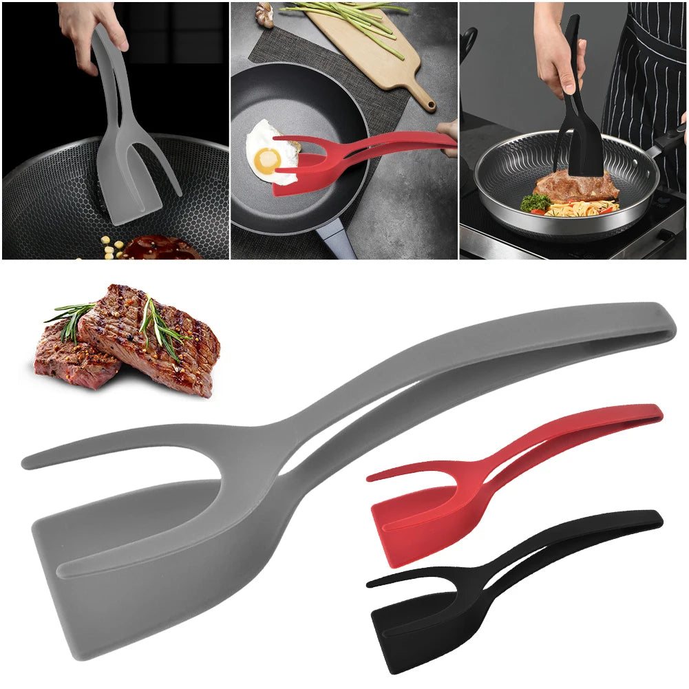 2 In 1 Steak Spatula Tongs Toast Pancake Egg Flip Tongs Silicone Grip Steak Spatula Tongs Clamp Cooking Accessories Gadget Tools