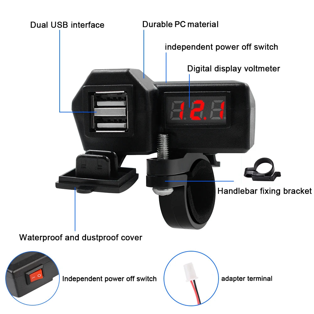 Splitter With 25A Fuse 12-24V With Voltmeter Waterproof Cover 5V 3.6A Quick Charge 3.0 Motorcycle USB Chargers Dual Ports