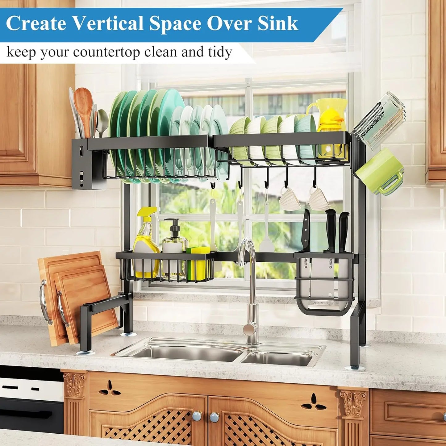 Over The Sink Dish Drying Rack, Adjustable (26.8" to 34.6") Large Dish Drainer Drying Rack for Kitchen Counter with Multiple