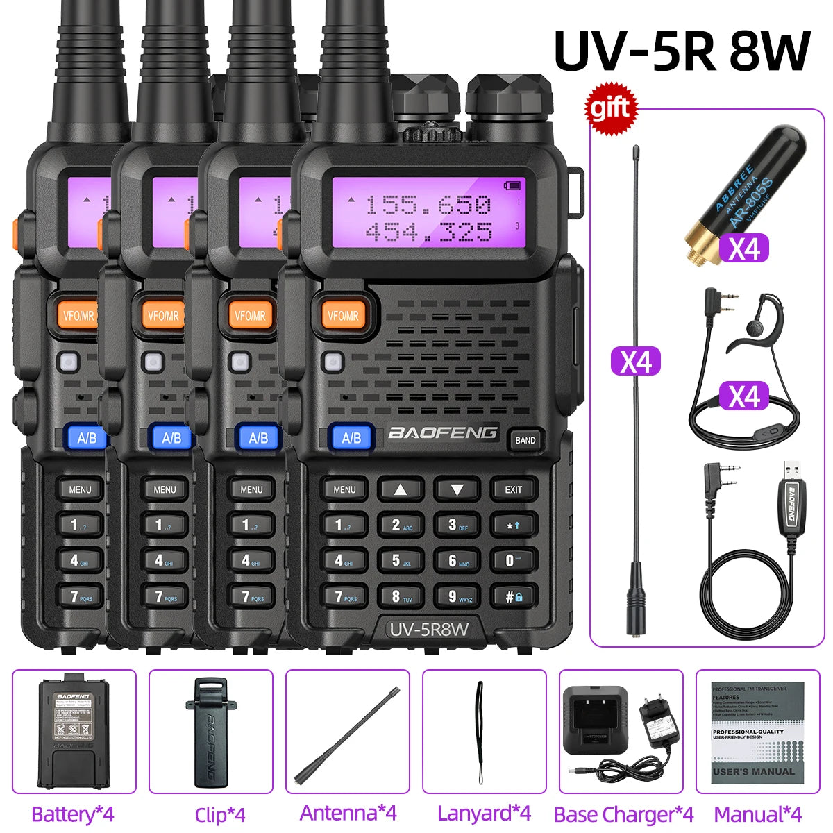 4X Baofeng UV-5R 8W Walkie Talkie Dual Band VHF UHF Long Range High Power Ham Radio UV5R 5R Handheld Two Way Radio For Hunting