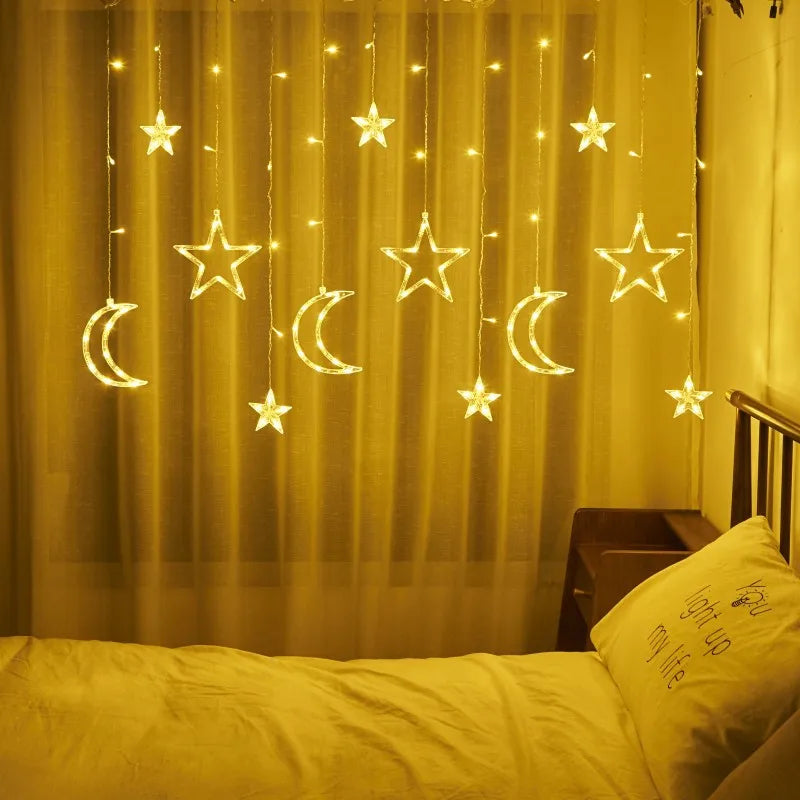 LED Christmas Holiday Stars&Moon Garland String Lights Fairy Room Curtain Lighting Home New Year Party Wedding Room Decoration