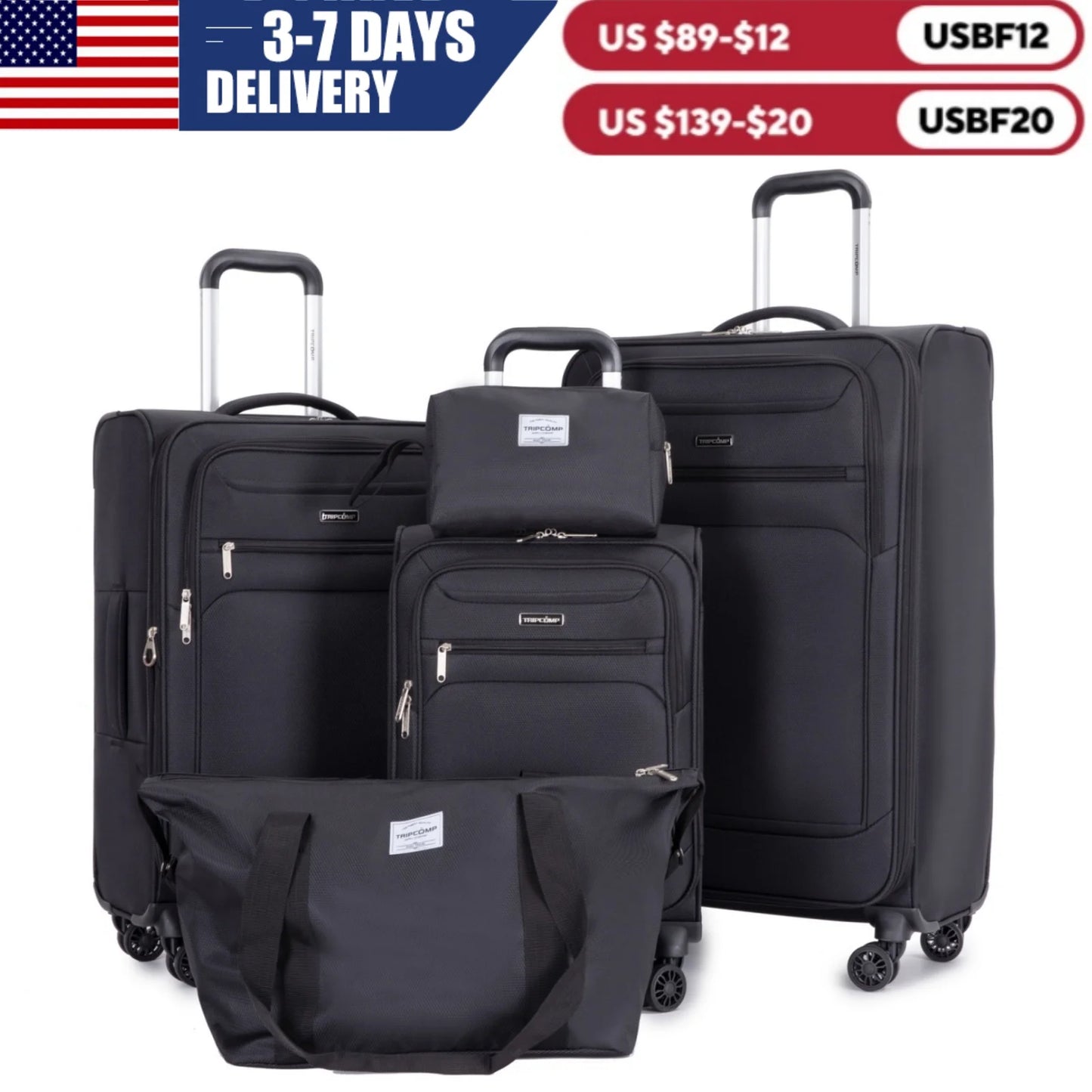 5 Piece Luggage Set with Expandable, Lightweight Softside Suitcase with Double Spinner Wheels with Travel Duffle Bag