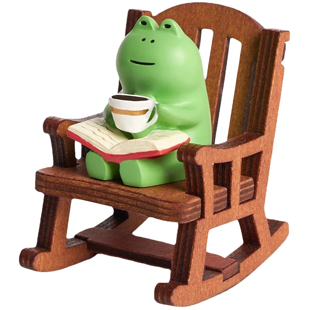 Handmade DIY Micro Rocking Chair Cute Mini Frog Resin Figurine Rocking Chair Design with Book Coffee Home Office Desktop Crafts