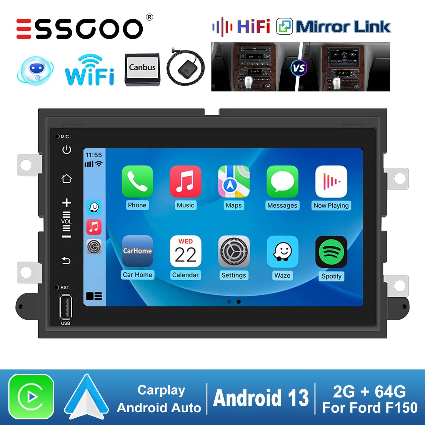 ESSGOO Wireless Carplay Android Auto For Ford F150 250 E350 Mustang 8" Android 13 2+64G Car Stereo GPS WIFI RDS BT FM EQ USB SWC