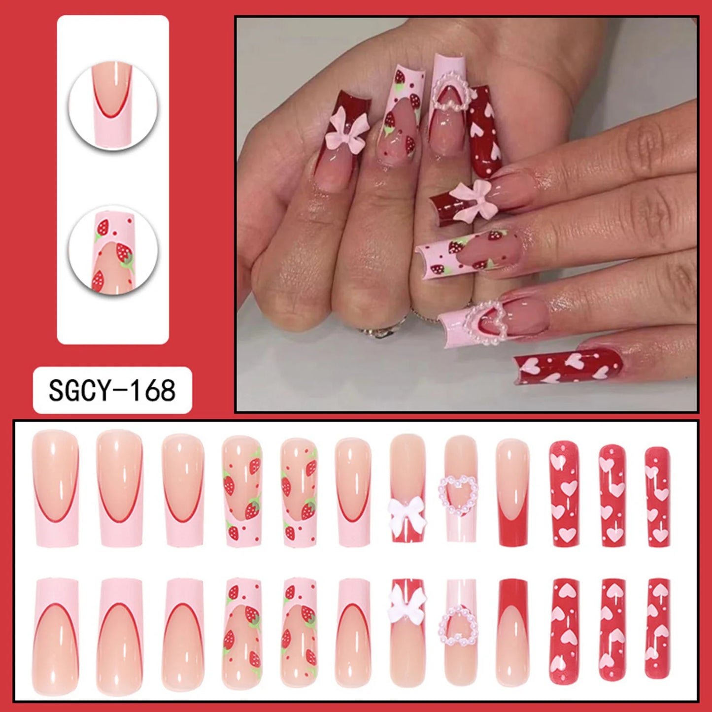 24 Pcs Press On Nails Pink Strawberry Fake Nails Glossy Artificial Finger Manicure Reusable False Nails For Women