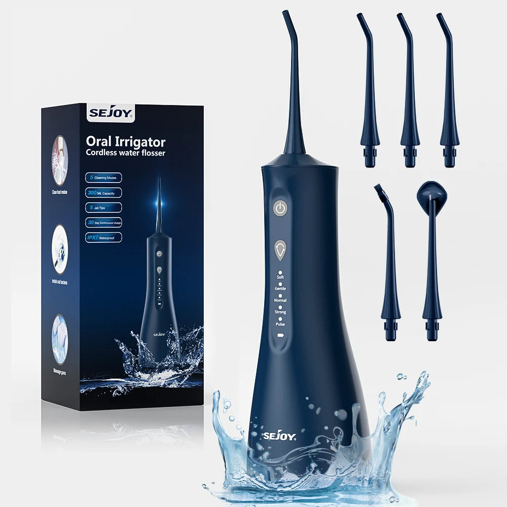 Irrigador bucal portátil Sejoy Water Flossers para dientes de 300 ml, recargable, con 5 modos, tanque de agua, limpiador de dientes a prueba de agua