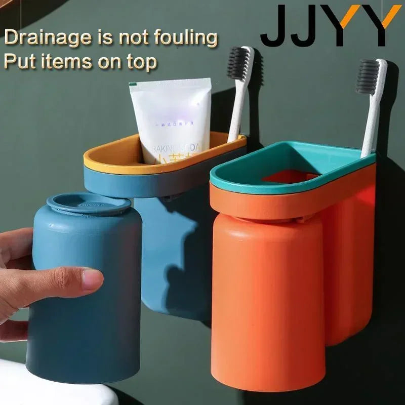 JJYY Multifunctional waterproof wall-mounted toothbrush holder Plastic Toothbrush Holder with Cups Bathroom Storage accessories