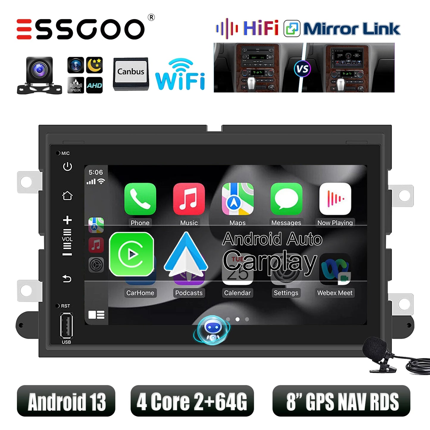 ESSGOO Wireless Carplay Android Auto For Ford F150 250 E350 Mustang 8" Android 13 2+64G Car Stereo GPS WIFI RDS BT FM EQ USB SWC