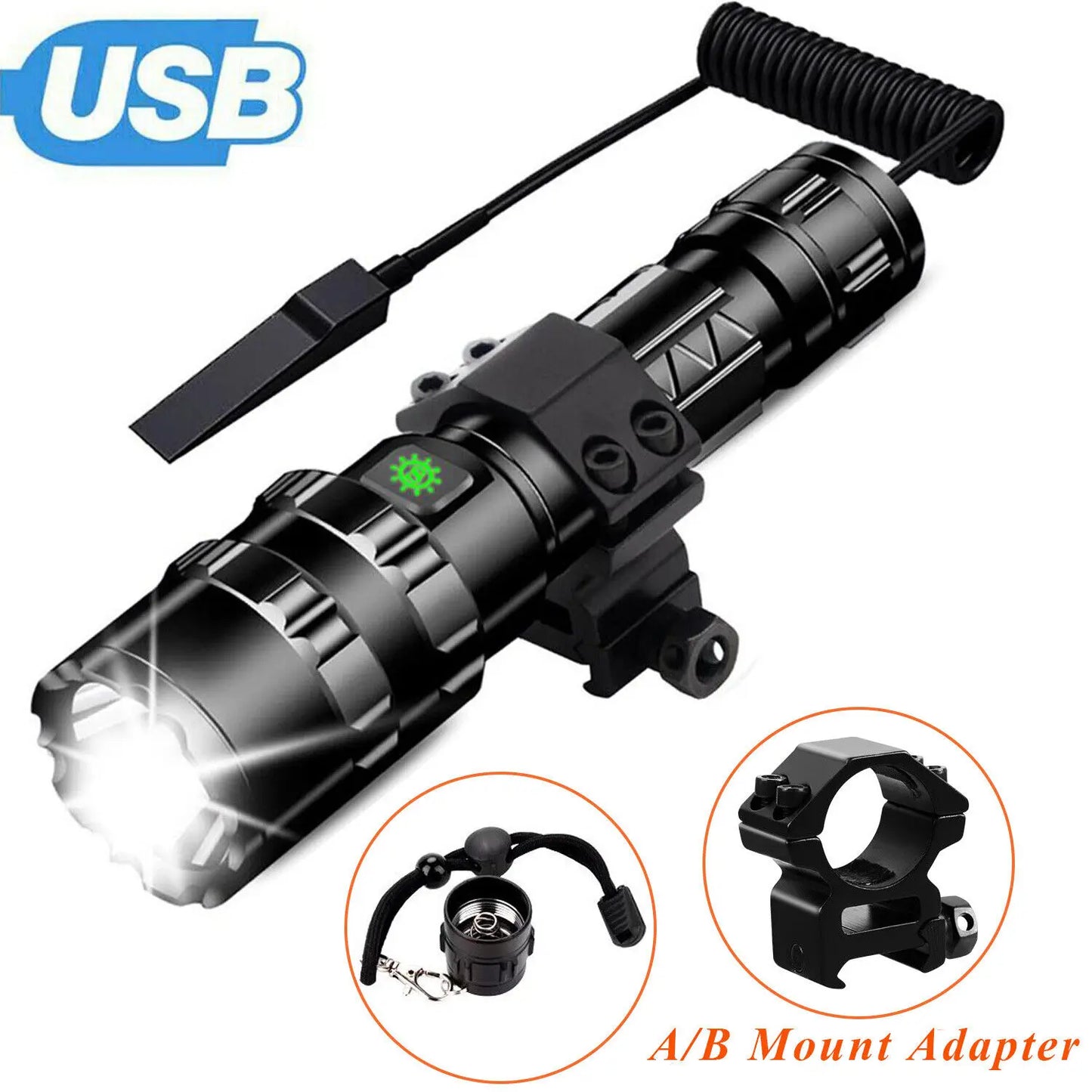 Tactical Rechargeable LED Flashlight Tactical Gun Light Rail Mount Hunting