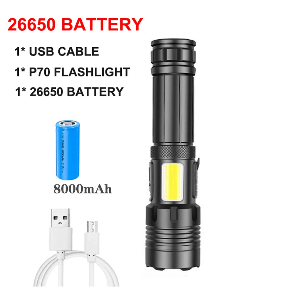 Rechargeable Super Bright Flashlight 7Modes High Lumens Tactical Flashlight Zoomable LED torch With COB Side Light and Display