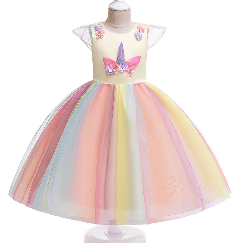 Girl Unicorn Cosplay Party Dress Rainbow Tutu Gown Kids Floral Summer Dresses Girls Birthday Tulle Clothes Children New Costumes