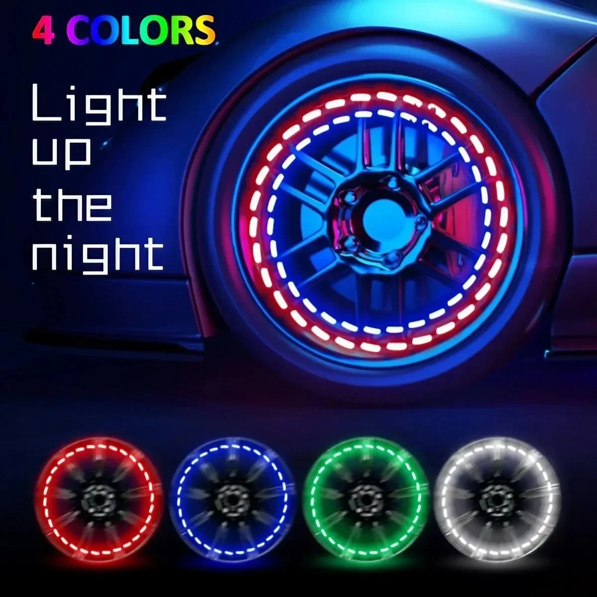 4 LED 13-Mode Waterproof Solar Flashing Wheel Lights, Colorful Auto Tire Rim LED Lamps for Car and Motorcycle