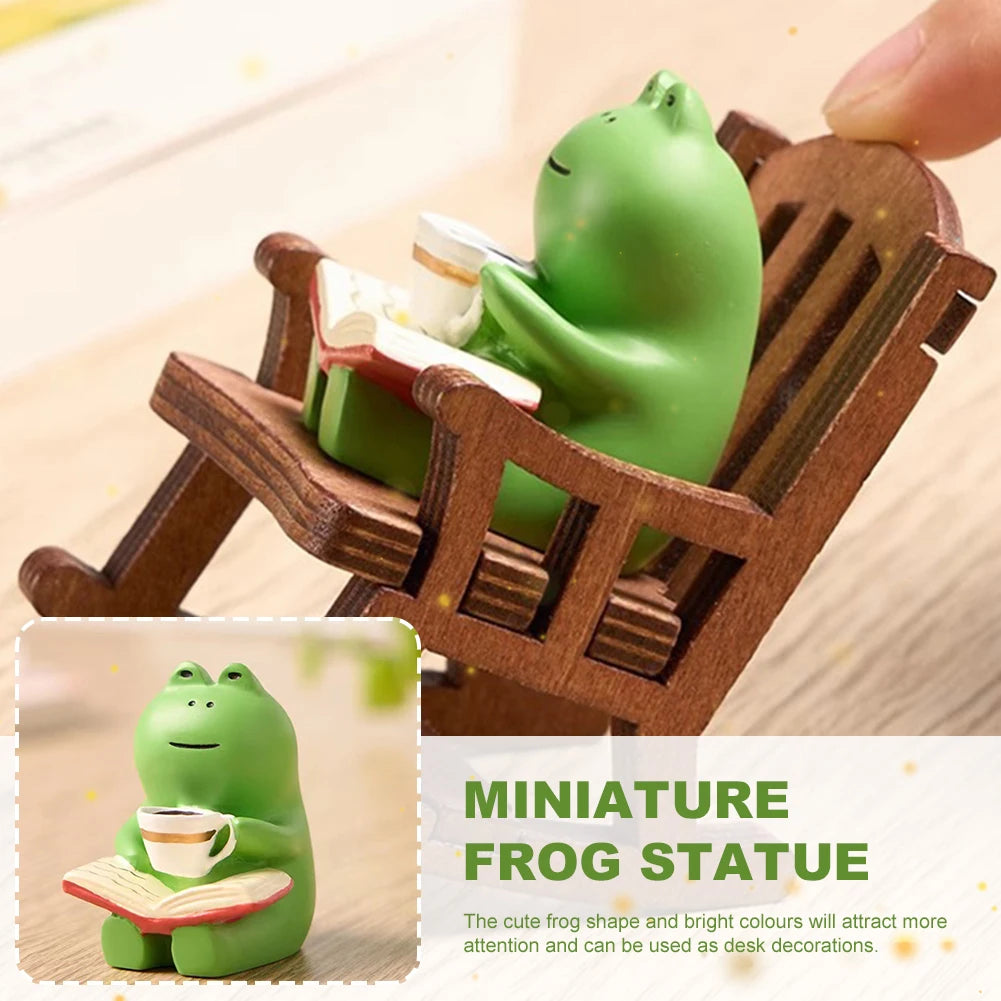 Frog Drinking Coffee Ornament Creative Cartoon Frog Animal Statue Miniature Frog Read Book Figurines for Shelf Desk Decoration